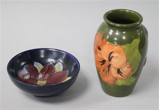 A Moorcroft green ground vase and a blue ground bowl